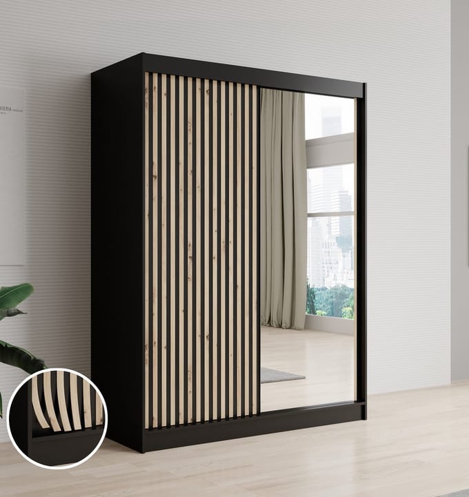 Meubella - Kledingkast Lisbon 2 - Zwart - 150 cm - Met spiegel