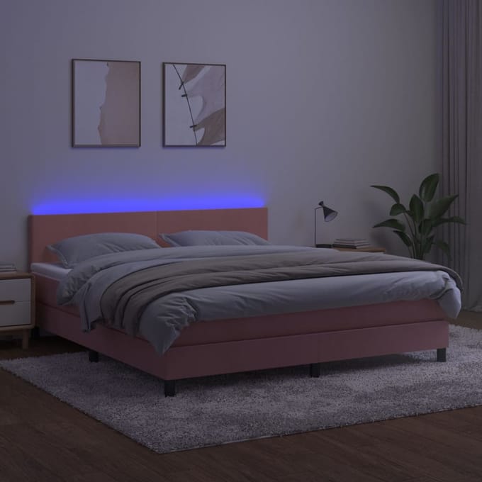 vidaXL - Boxspring - met - matras - en - LED - fluweel - roze - 160x200 - cm
