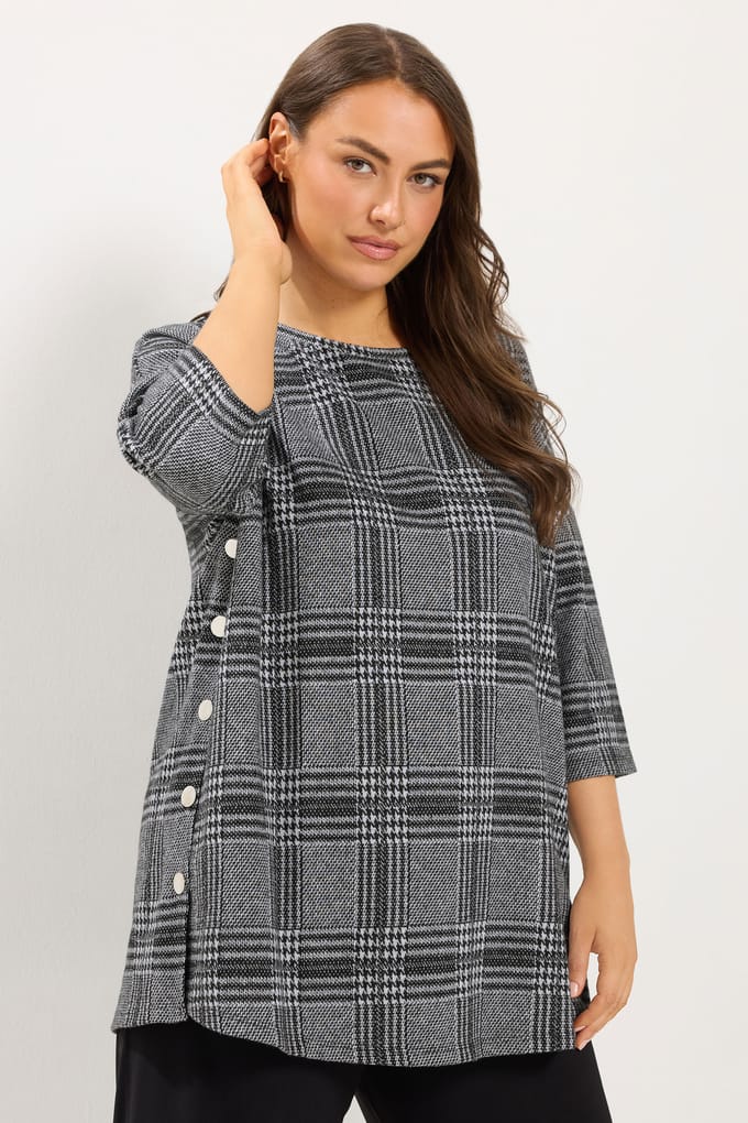 Yours Curve Grijs Geruit Topje Met Knoopjes Aan De Zijkant Size 48