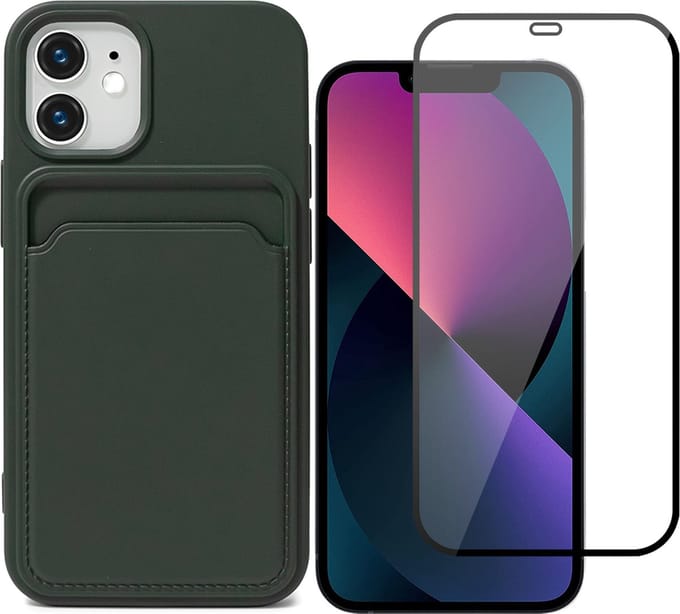 Hoesje Pasjeshouder geschikt voor iPhone 12 Mini Groen - Siliconen Case Back Cover + Full Screen Protector Glas Screenprotector