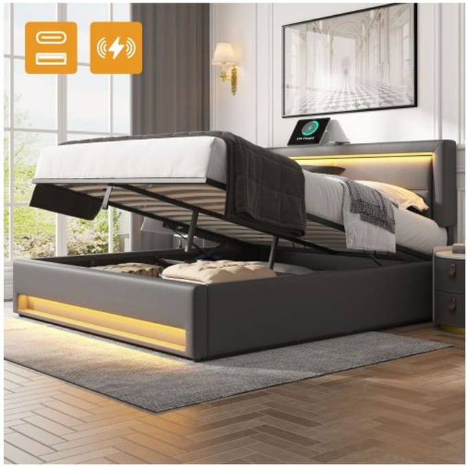 Lit rembourré - MUVOE - 140x190 cm - Port USB - Éclairage LED - Rangement intégré