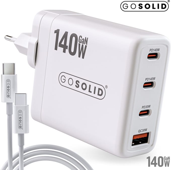 GO SOLID! Oplader 140W USB-C Voeding met 4 Poorten 3x USB-C, 1x USB-A - Wit