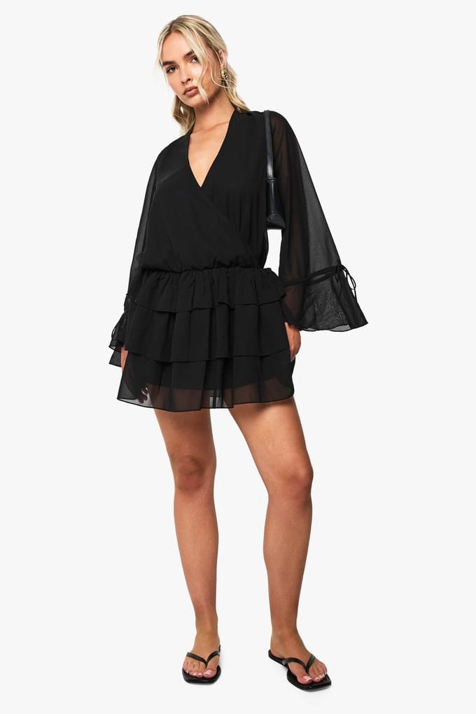 boohoo Dames Chiffon langarm mini-jurk | Black | Maat: 8