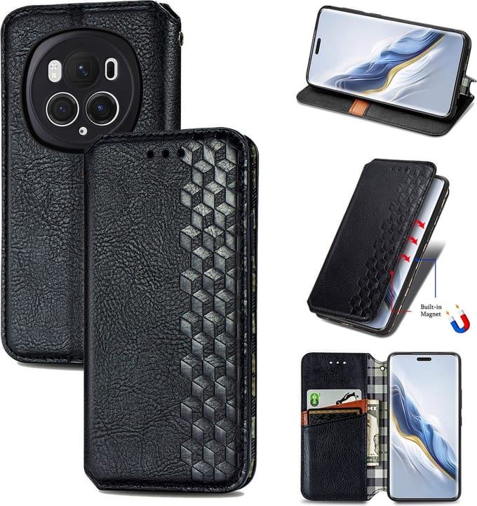 Luxe PU Lederen Ruitpatroon Wallet Case + Screenprotector voor Honor Magic 6 Pro _ Zwart