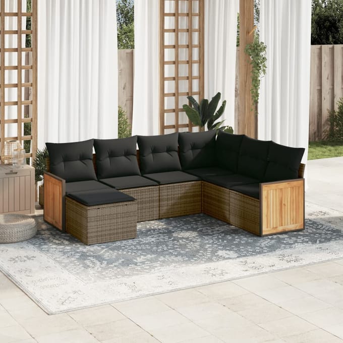 vidaXL - 7-delige - Loungeset - met - kussens - poly - rattan - grijs