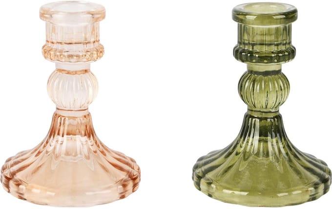 Dekoratief | Kaarsenhouder groen/goud, glas, 8x8x11cm, set van 2 stuks | A255518