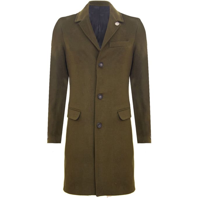 Lange olijfwollen slim-fit overjas voor heren