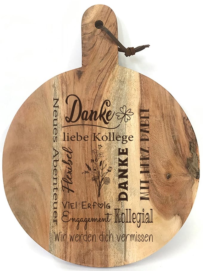 Runde Schneidebrett/Servierbrett/Tapasplatte mit Gravur „DANKE LIEBE KOLLEGE“ Ein originelles Geschenk für eine Kollegin oder einen Kollegen zum Abschied.