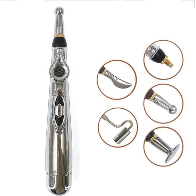 Stylo de point d'acupuncture électronique à régulation d'impulsion microélectrique intelligent à neuf vitesses Stylo d'énergie méridien Stylo de massage échangeable multi-têtes Relax boxed gray