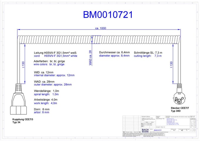 CEE 7/7 (haaks) - CEE 7/3 (recht) stroom spiraal verlengkabel - 3x 1,50mm / wit - 4 meter