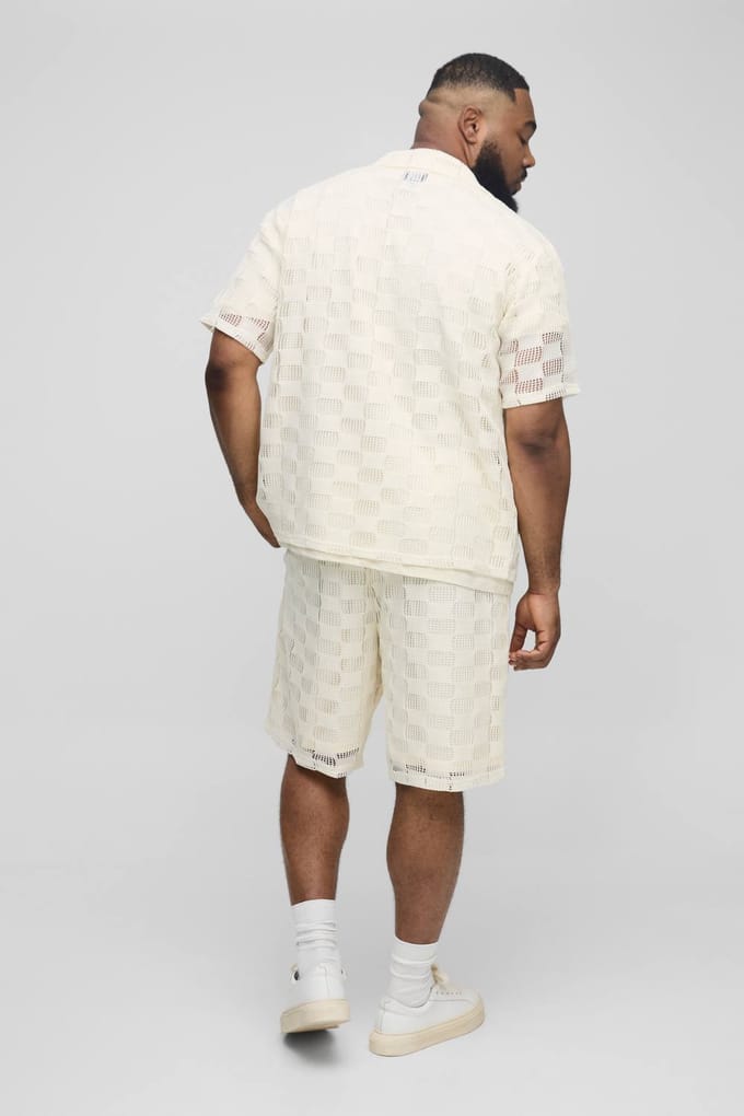 Plus Check Open Stitch Oversized Revere Shirt | Stone | Size 2XL