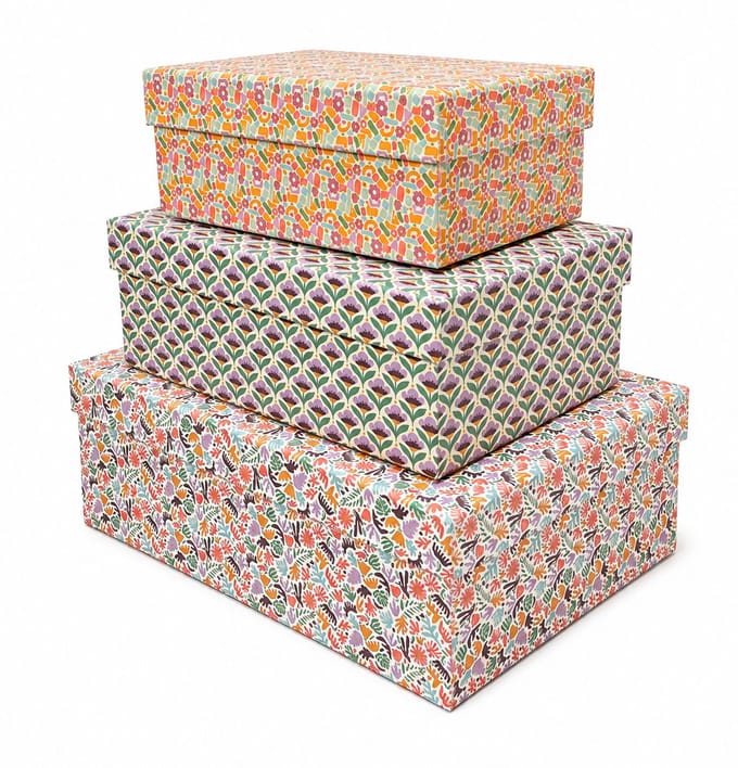 Cadeaudozen Set – Floral Retro Collection (3 Stuks) – Multicolor – Bloemen, Botanische & Retro Prints – Stapelbare Geschenkdozen met Deksel