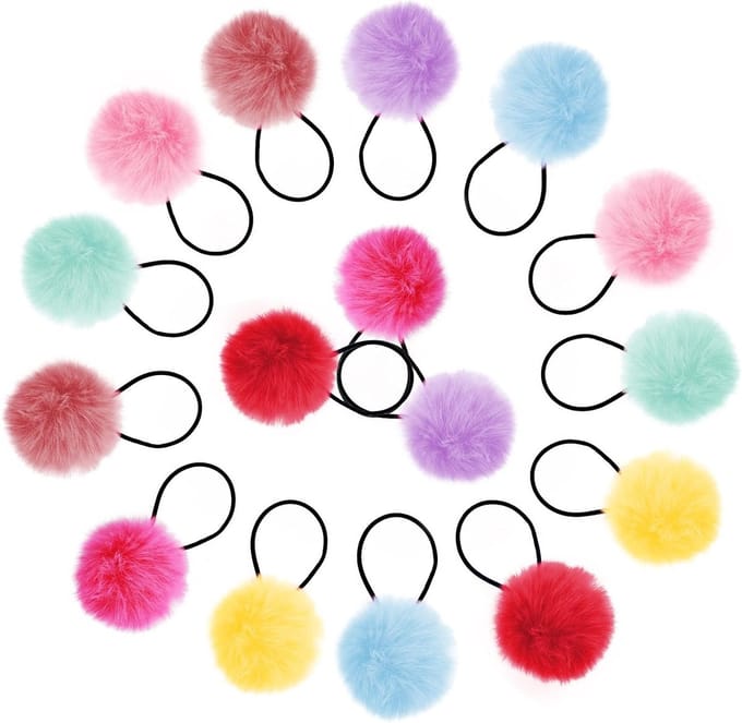 Set van 16 Fluffy Ponytail Holders voor Meisjes - Elastische Haarbanden en Pompon Haaraccessoires voor Baby's en Kinderen