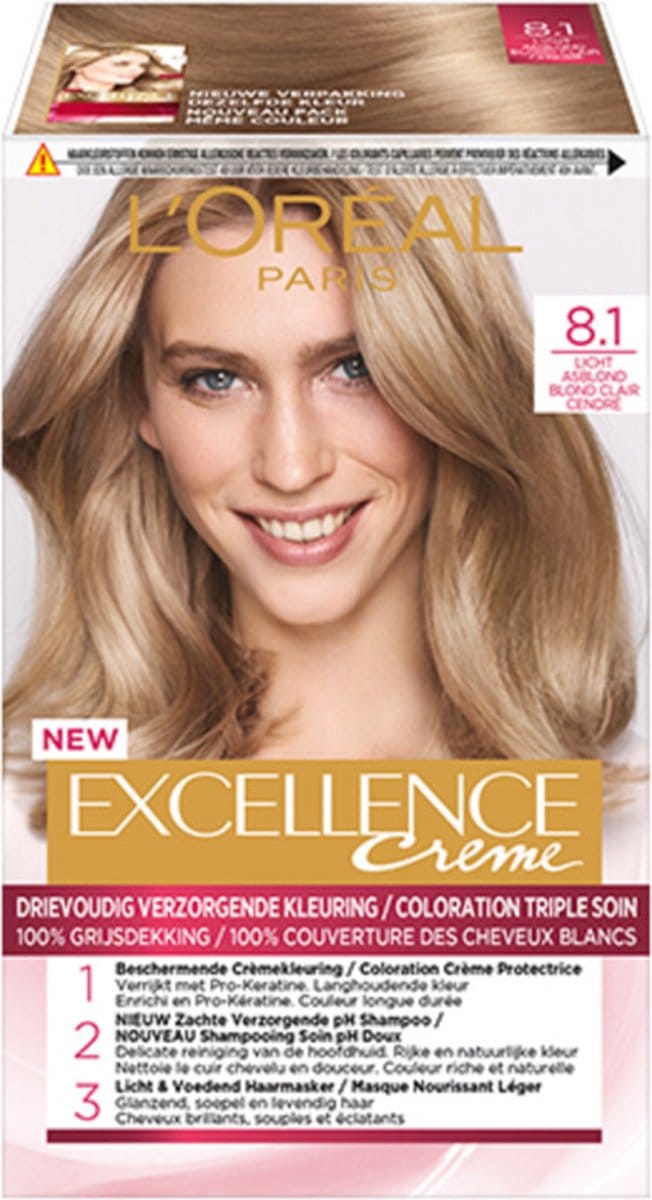L'Oréal - Excellence Crème Permanente Crèmekleuring 8.1 Licht Asblond - 2 x 1 stuk - Voordeelverpakking