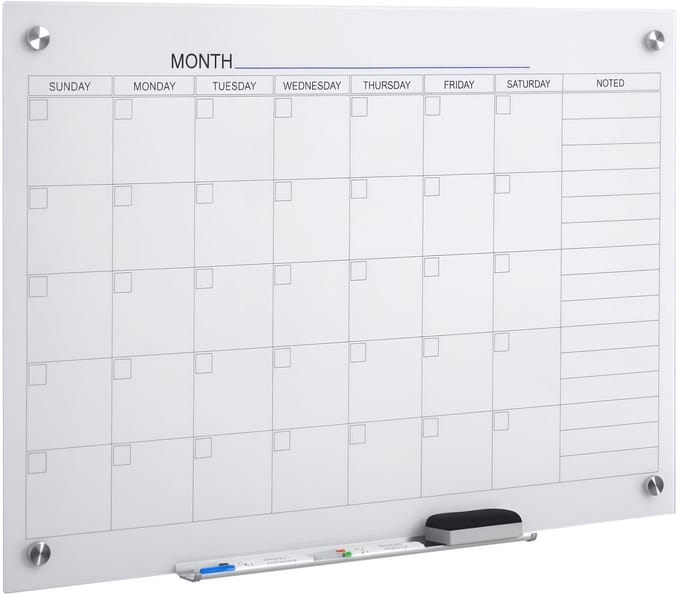 Vinsetto glazen kalenderbord magnetisch met plank - Whiteboard - Memobord - Planbord - Weekplanner - Wit