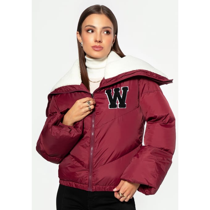Wittchen Dames Oversized Jas met Imitatie Schapenvacht Kraag, Donkerrood