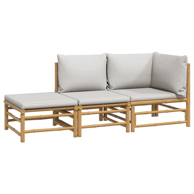 vidaXL - 3-delige - Loungeset - met - kussens - bamboe - lichtgrijs