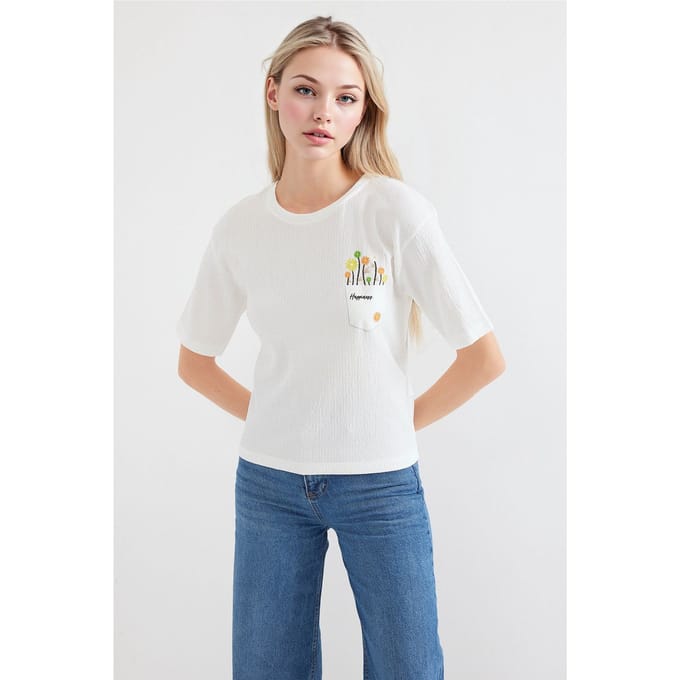 Geprinte T-Shirt met Borduursel en Ronde Hals