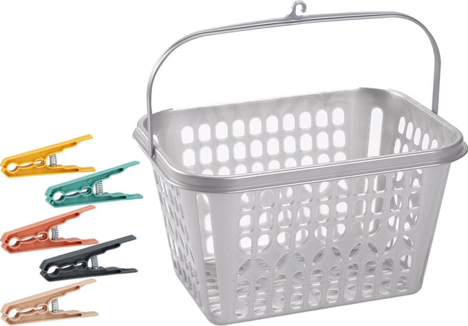 Wasknijper mandje/bakje - zilver - inclusief 48x wasknijpers - kunststof