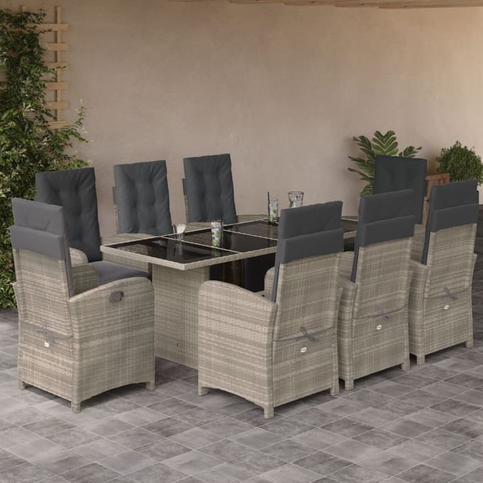 vidaXL - 9-delige - Tuinset - met - kussens - poly - rattan - lichtgrijs