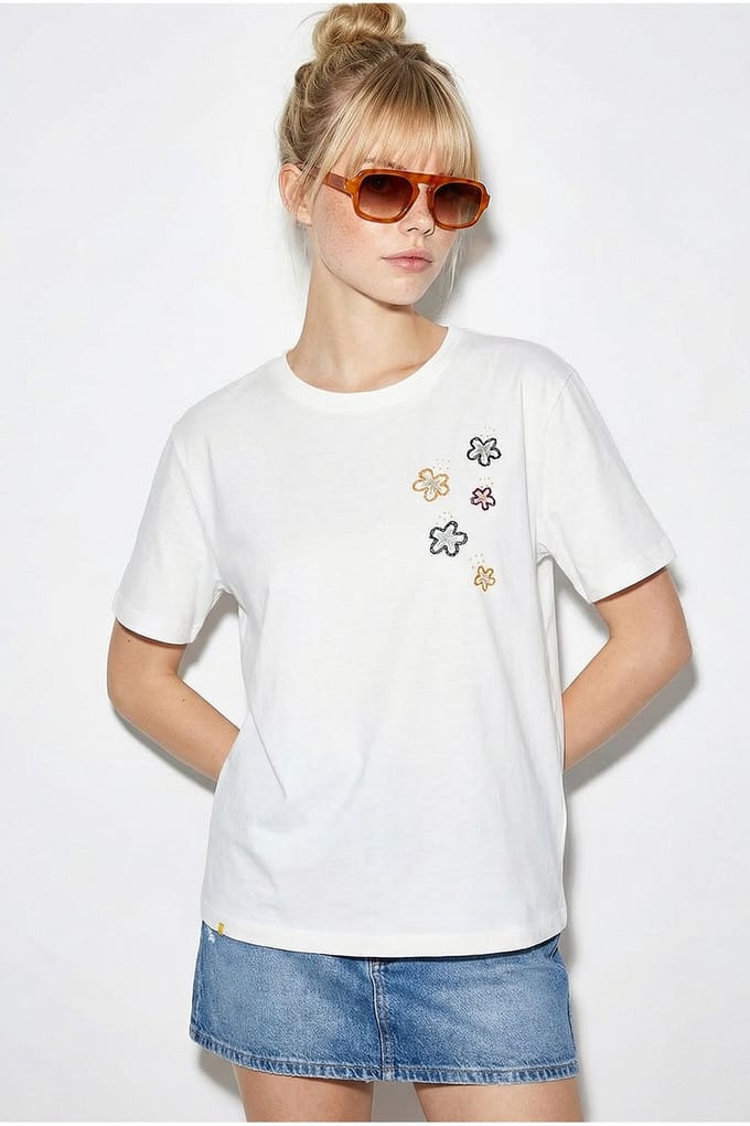 Bloemig Geborduurd Crew Neck T-Shirt