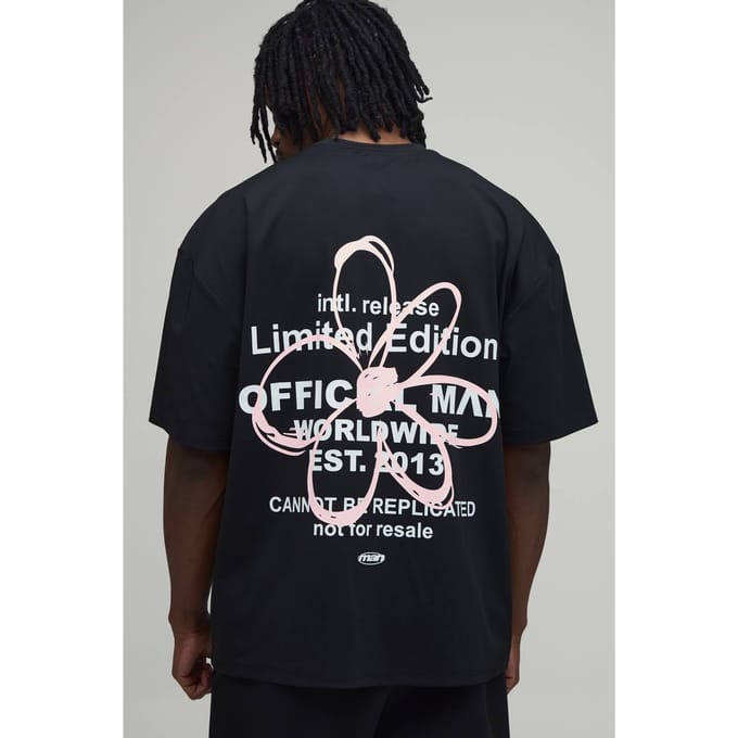 Lang Oversized Bloemen Limited Edition Bedrukt T-shirt | Black | Size Medium