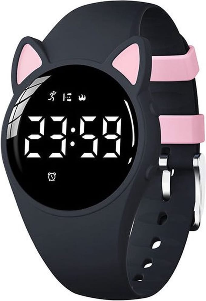 Smartwatch Kinderen - Kat - Stappenteller - Stopwatch - Zwart & Roze