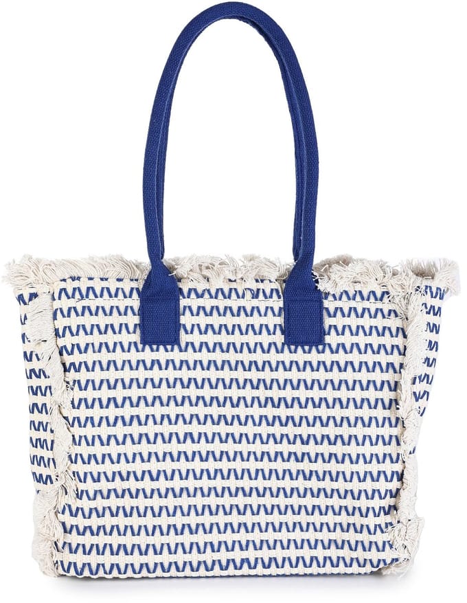 Shopper Tas - Handtas - Strandtas - Geweven - Trendy Tas - Met Open Top + Ritssluiting + Extra Ritsvakje - Creme/Blauw
