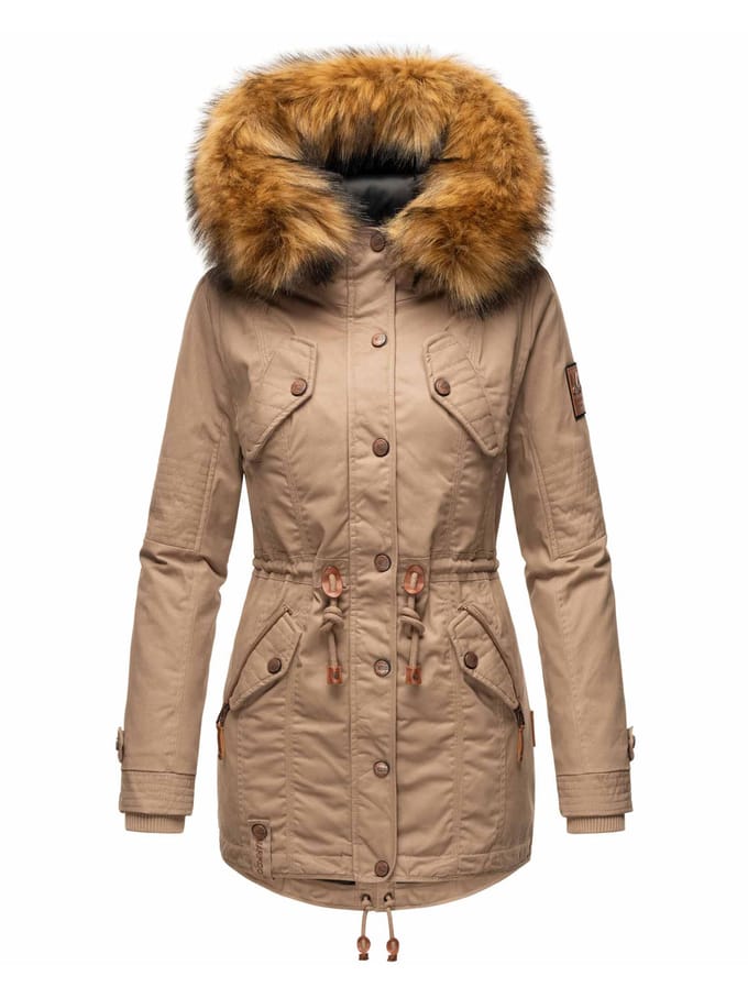 Marikoo dames winterjas met afneembare imitatiebontkraag & taillekoord