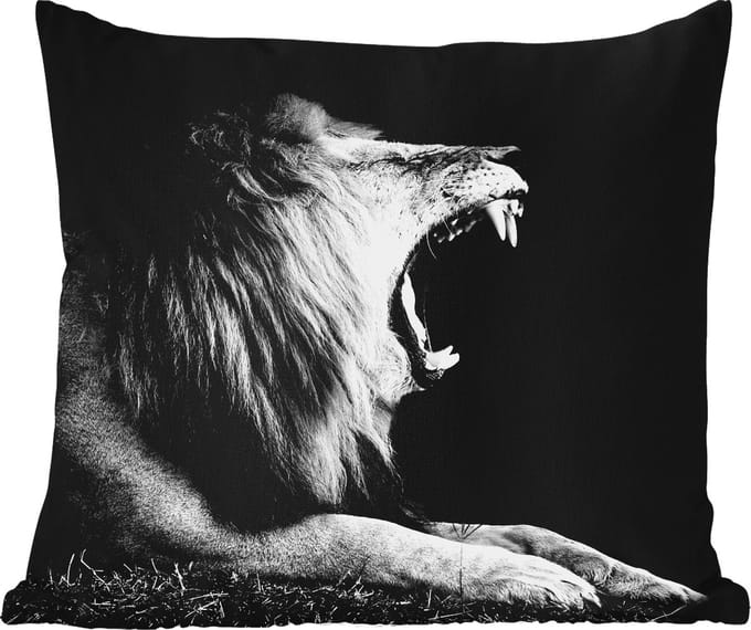 Tuinkussen - Leeuw - Wilde dieren - Gras - Zwart - Wit - 40x40 cm - Weerbestendig