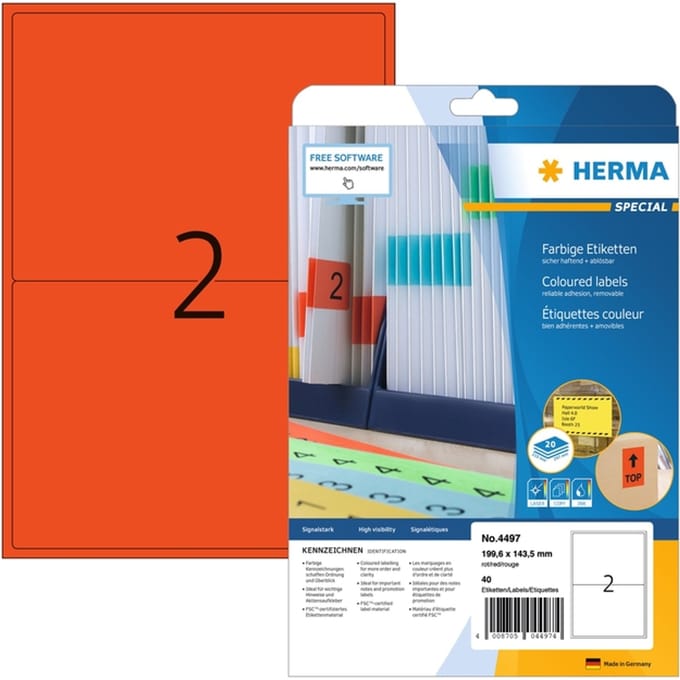 Etiket HERMA 4497 199.6x143.5mm verwijderbaar rood 40 stuks