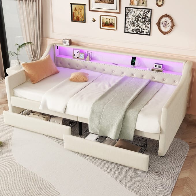 MODFU Ledikant 90x200 cm – Gestoffeerd linnen met LED, 2 laden en USB – Met lattenbodem – Modern dagbed – Beige