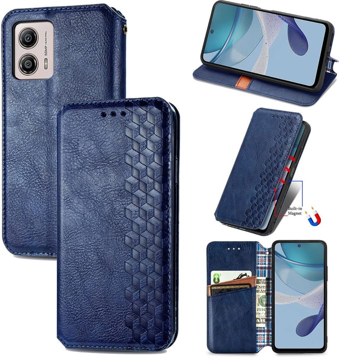 Luxe PU Lederen Ruitpatroon Wallet Case + Glas Screenprotector voor Moto G53 5G _ Blauw