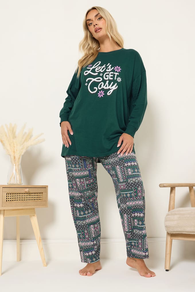 Yours Green 'Lets Get Cosy' Fairisle Pyjamaset Met Wijde Pijpen Size 42-44