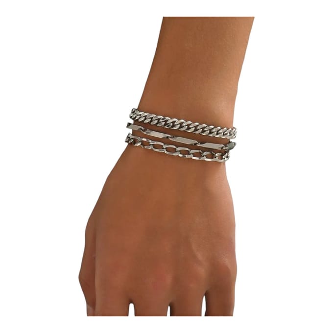 LOUD AND CLEAR® - Armband - Zilveren Armband - Heren - Cuban Link - Set - Zilver - 3 Stuks