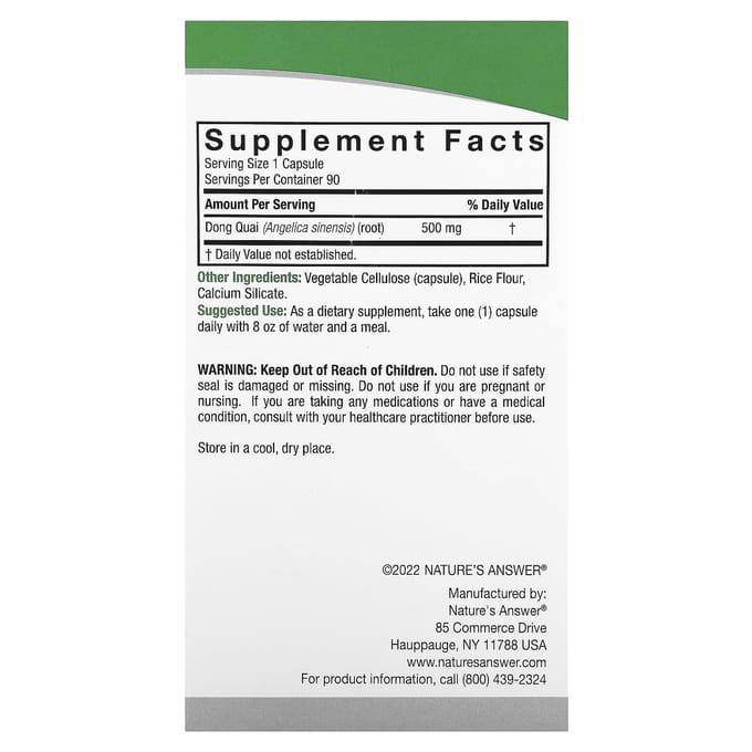 Nature'S Answer, Angelica, 500mg, 90 Plantaardige Capsules