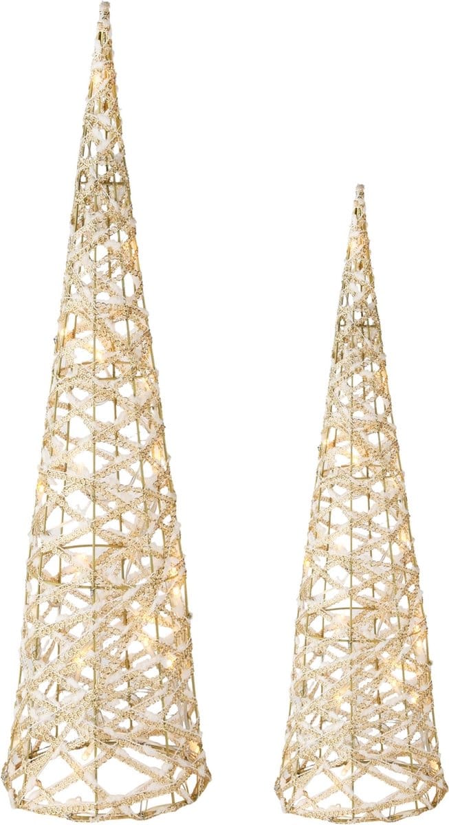 Dekoratief | Set 2 Kegel vorm, wit/goud, rotan, LED, 16x16x60cm | A245862