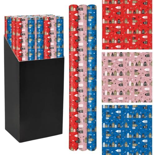 Cadeaupapier sinterklaas, formaat: 200 x 70 cm, huisjes assorti