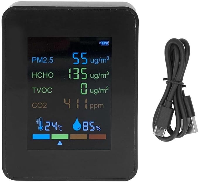 Luchtkwaliteitsmonitor - 6 in 1 meter - Binnenlucht Meten - Real-time CO2 - 9x7x3.4cm - Zwart