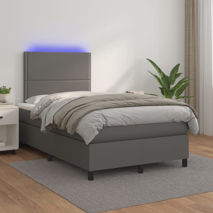 vidaXL - Boxspring - met - matras - en - LED - kunstleer - grijs - 120x200 - cm