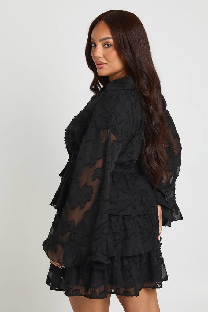boohoo Dames Plus Burnout Chiffon Ruches Skater Jurk | Zwart | Maat: 52