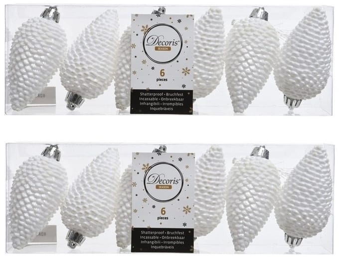 Decoris Kersthangers dennenappels - 24x st - wit - glitter - 8 cm - kunststof - kerstversiering
