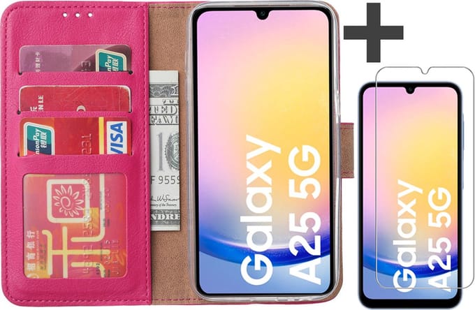 Hoesje met Screenprotector Geschikt voor Samsung Galaxy A25 – Arara bookcase met pasjeshouder - Roze