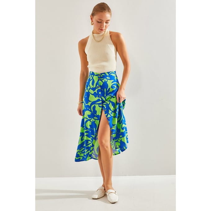 Midi-rok met bloemenpatroon en knoopsluiting