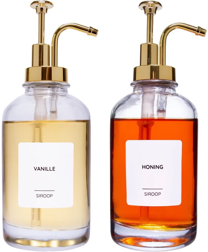 XIVADA Siroopfles - Met pompje goud - Glas - 500 ML - Set van 2 - Met witte labels