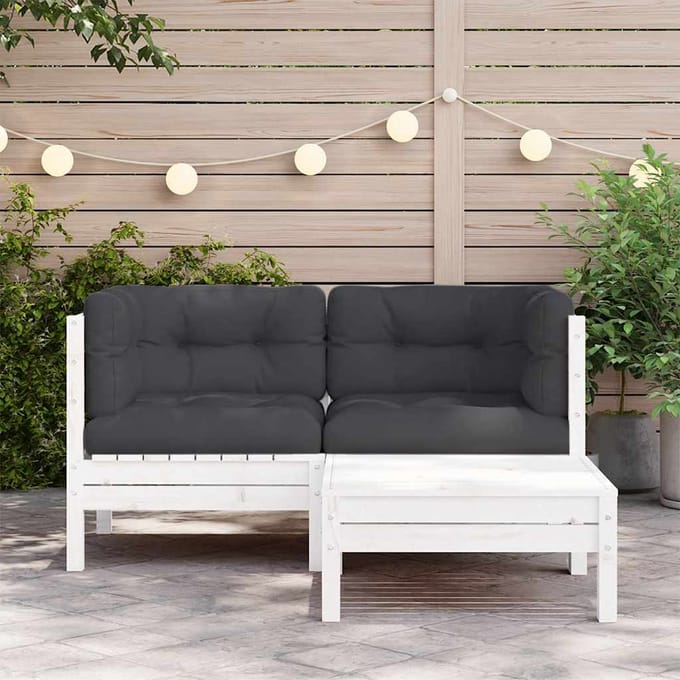vidaXL - 3-delige - Loungeset - met - kussens - massief - grenenhout - wit