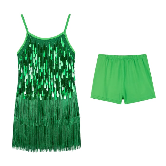 LOlanta 2 Stuks Meisjes Pailletten Latijnse Dansjurk Kwast Salsa Danskleding Pailletten Franje Jurk Optreden Outfits 8-9years (140) groen
