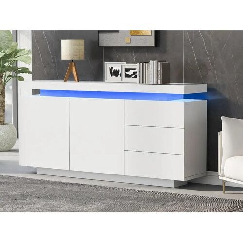 Merax Lage dressoir met 2 deuren en 3 laden - hoogglans dressoir met led-verlichting - spaanplaat - wit