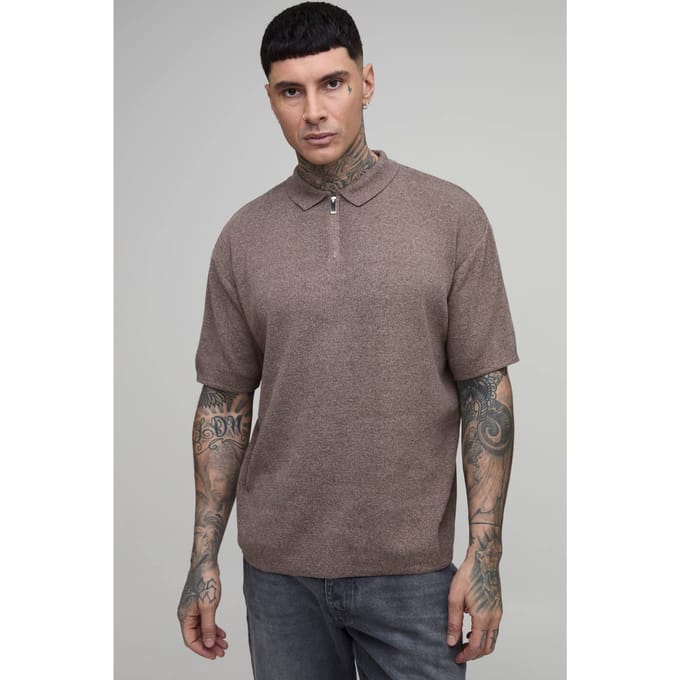 Tall Oversized Boxy 1/4 Zip Cotton Blend Knitted Polo T-Shirt | Brown | Size Large