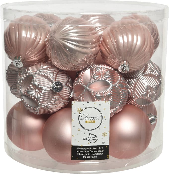 Decoris Kerstballen - 20 stuks - kunststof - lichtroze - 8 cm